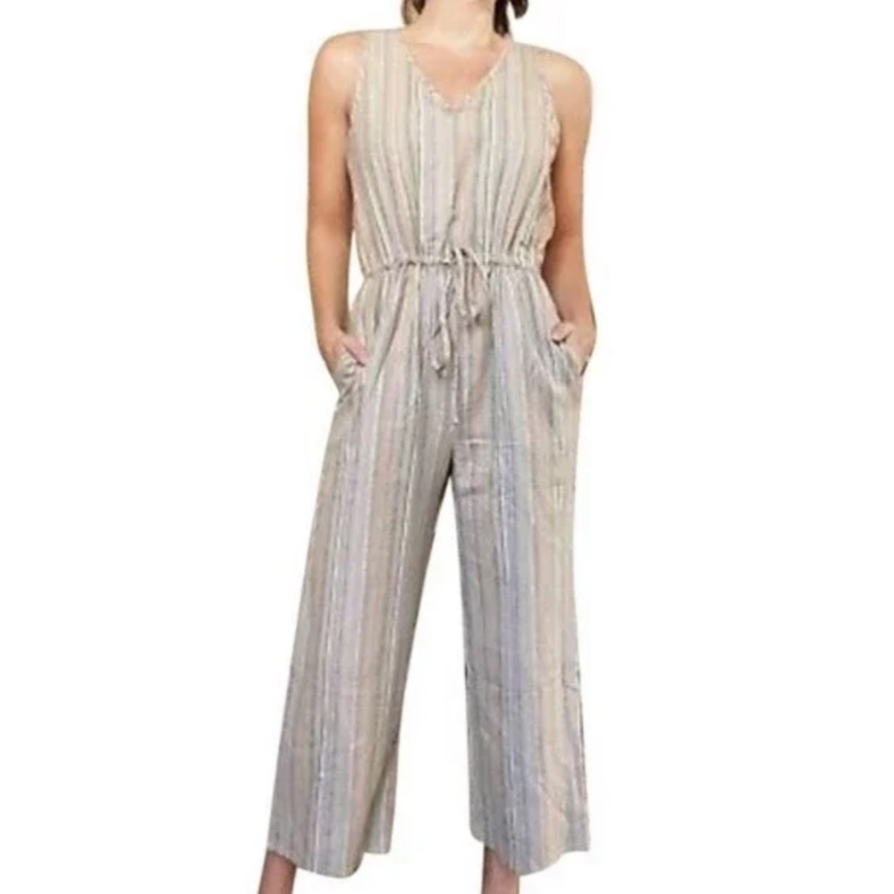 DREW Anthropologie Cotton Striped Sleeveless V-Neck Jumpsuit